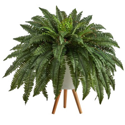Nearly Natural 2.5-ft Boston Fern Artificial Plant in White Planter with Legs