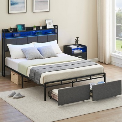 Full Bed Frame with 2 Storage Drawers and LED Lights Headboard, Upholstered Bed Frame Full Size