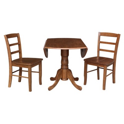 Distressed Oak 42" Drop Leaf Pedestal Dining Table with 2 Ladder Back Chairs