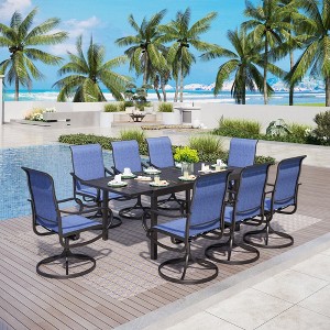 Captiva Designs 9pc Patio Dining Set with Slat-top Adjustable Steel Rectangle Table & Blue Textilene Swivel Chairs - 1 of 4