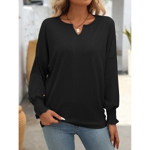 Women's V-Neck T-Shirt Ruffle Cuff Drop Shoulder Long Sleeve Top - 1 of 4