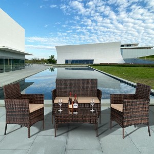KTMBDW 4 Pieces Patio Set Outdoor Wicker Furniture Sets Modern Rattan Chair Conversation Sofa Sets with Glass Coffee Table for Yard and Bistro - 1 of 4