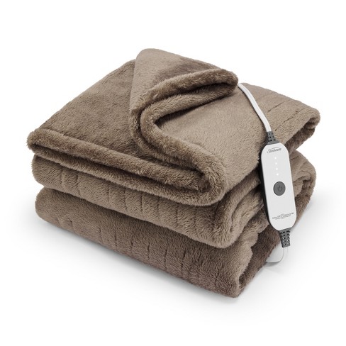Sunbeam Electric Throw Artic Plush Eco blend 70 Recycled Polyester Heated Blanket Deep Taupe Target