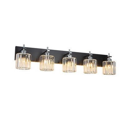 Modern Dimmable Bathroom Vanity Light Crystal Glass Wall Sconce - 5 Light - Black & Chrome