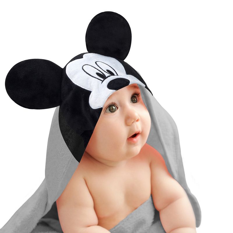 Lambs & Ivy Disney Baby Mickey Mouse Gray Cotton Hooded Baby Bath Towel, 1 of 6