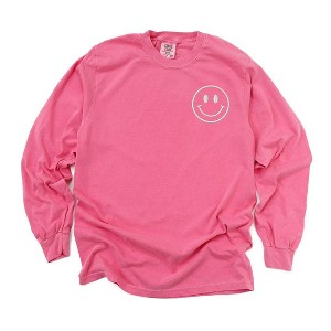 Simply Sage Market Women's Embroidered Smiley Face Outline Long Sleeve Garment Dyed Tee - 1 of 3