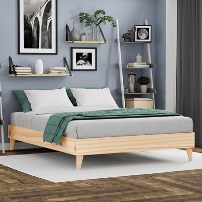 Natural Pine Queen Platform Bed Frame with Slats