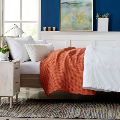 Full Burnt Orange Cotton Waffle Weave Bed Blanket