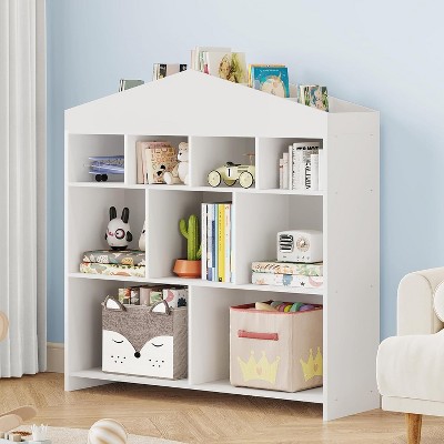 Acekool 9-Cubby Toy Storage Organizer Bookshelf for Kids, 40.7" W Playroom Bookcase with Roof-Top Shelves, Wooden Cubby Storage for Nursery, Bedroom
