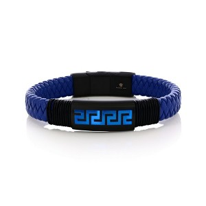 Metallo Mens Stainless Steel, Braided Leather Greek Key Bracelet - Blue - Blue - 8.5 Inch - 1 of 3