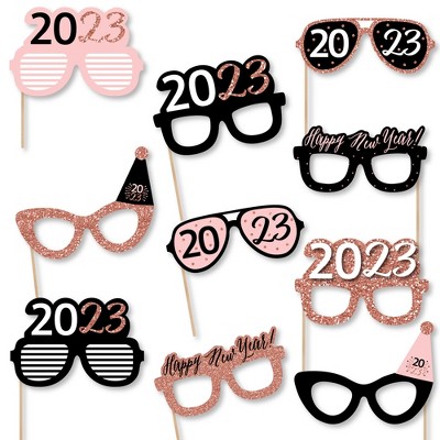 Big Dot of Happiness Rose Gold Happy New Year Glasses - Paper Card Stock 2023 New Year's Eve Party Photo Booth Props Kit - 10 Count