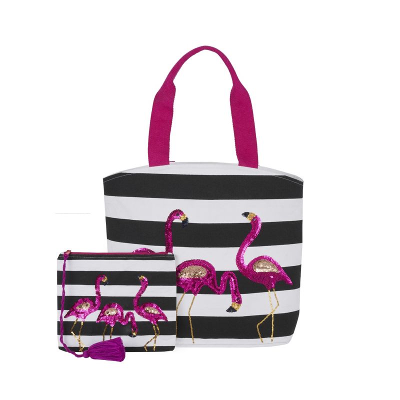 Mina Victory Stripe Sequin Flamingos 22" x 15" x 6" Beach Bag with Matching Clutch Black White, 1 of 9