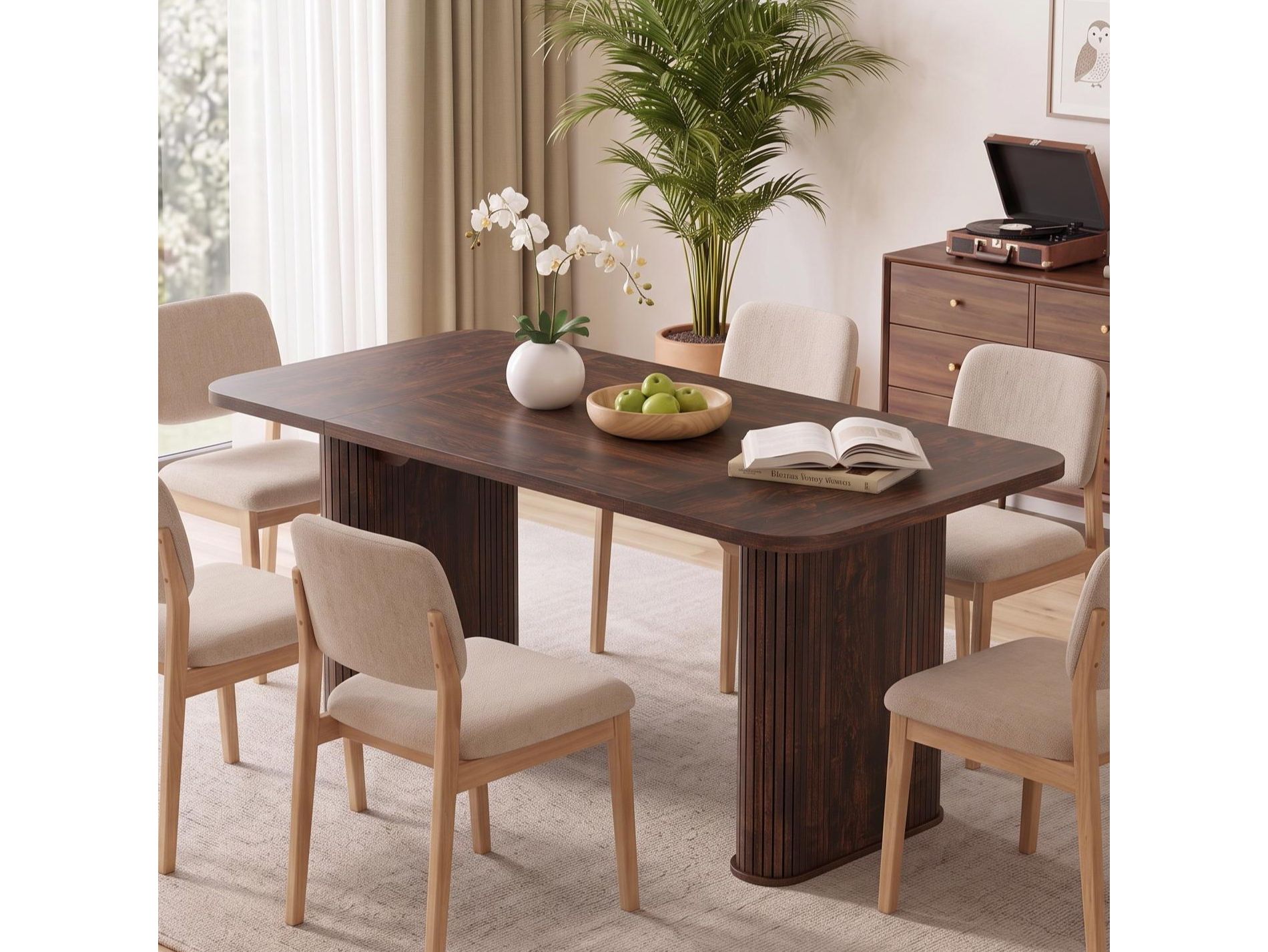 62" Long Dining Table for 4-6, Farmhouse Kitchen Table with Heavy Duty Fluted Base, Extra-Thickened Tabletop, for Dining Room, Office, Dark Brown