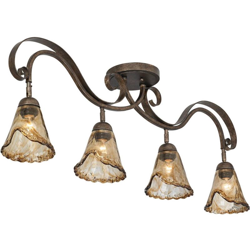 Pro Track 4-Head LED Bulbs Set Ceiling Track Light Fixture Kit Adjustable Brown Bronze Finish Organic Amber Glass Farmhouse Rustic Kitchen 41" Wide, 1 of 10