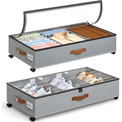 Under Bed Storage W/Wheels, 2 Pack Containers W/Clear Lids, Rolling Metal Drawer Organizer Bins With Oxford Cloth Cart Dustproof Folding Storage Box