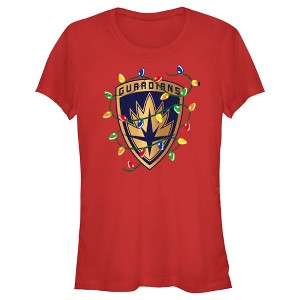Juniors Womens Guardians of the Galaxy Holiday Special Christmas Lights Badge T-Shirt - 1 of 4