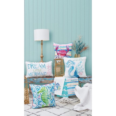 18" Blue and Green Polyester Coastal Seahorse Throw Pillow