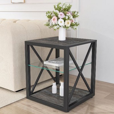 NicBex Industrial 3-Tier End Table with Drawer, Tempered Glass & Metal Frame Side Table, Modern Nightstand for Bedroom, Living Room Small Table