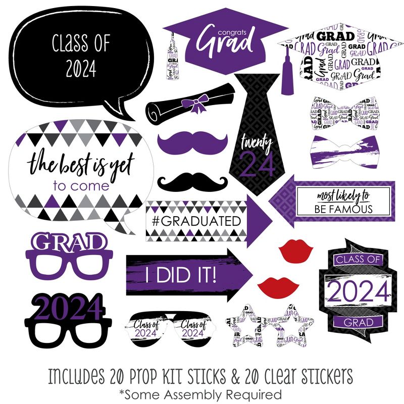 Big Dot of Happiness Purple 2024 Graduation Party Photo Booth Props Kit - 20 Count, 2 of 7