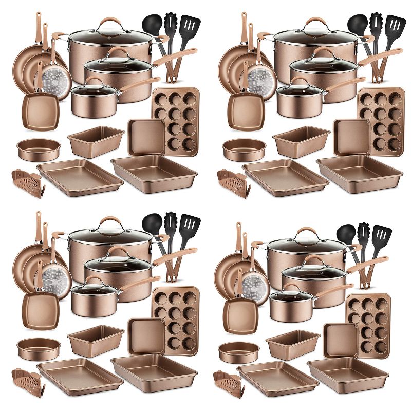 NutriChef Metallic Nonstick Ceramic Cooking Kitchen Cookware Pots and Pan Baking Set with Lids and Utensils, 20 Piece Set, Bronze (4 Pack), 1 of 4