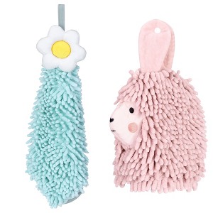 REGALWOVEN Soft Absorbent Flower Pattern and Sheep Pattern Chenille Hand Towel with Loop 6" x 15"/7" x 11" 2 Pcs - 1 of 4
