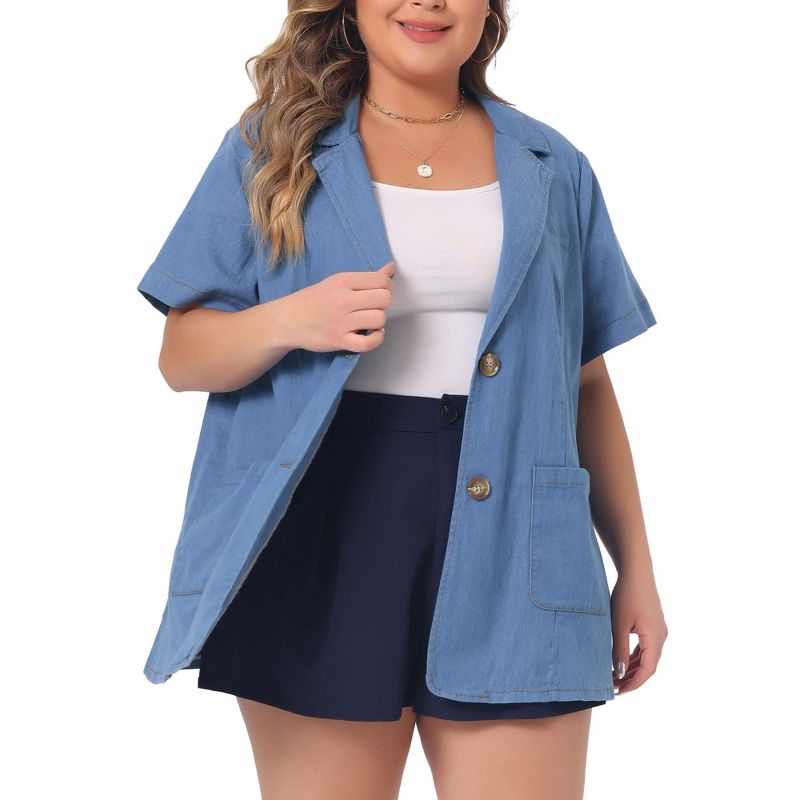 Agnes Orinda Women's Plus Size Notched Lapel Collar Short Sleeve Pocket Button Down Chambray Shirts, 1 of 6