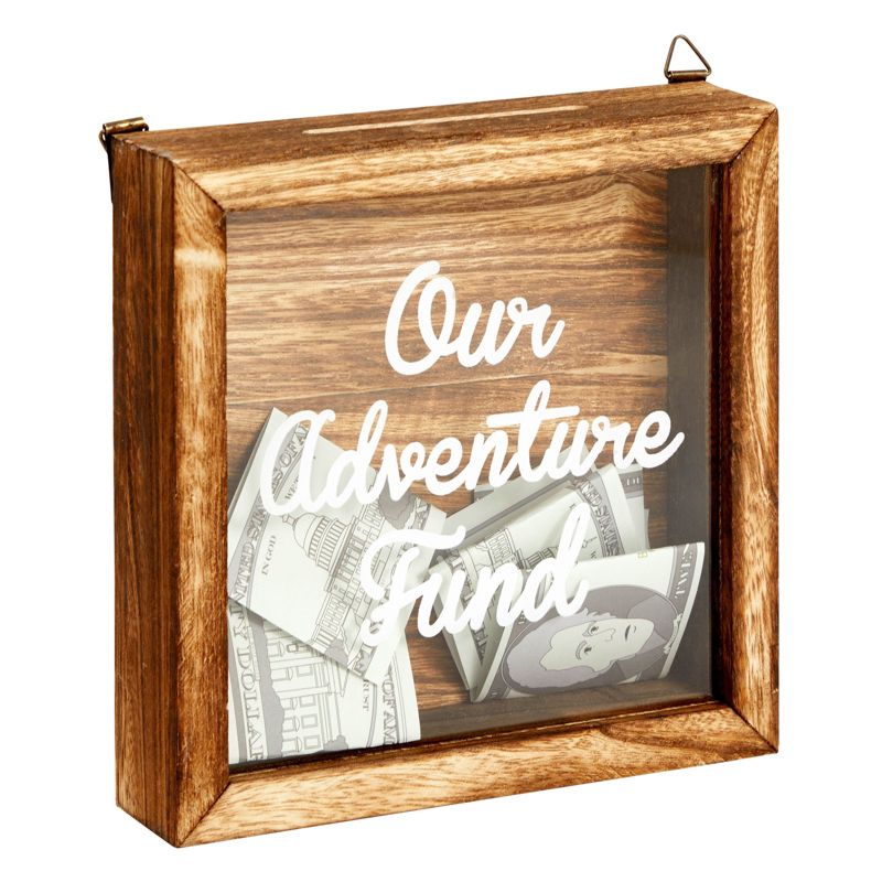 Juvale Our Adventure Travel Fund Bank for Adults, Rustic Wooden Honeymoon Piggy Bank for Wedding Gift, Money Box for Traveling, 7 x 7 In, 3 of 10