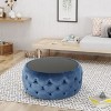 Okak Exquisite Round Velvet Storage Ottoman Bench Button-tufted Coffee Table with Glass Desktop Panel Footrest for Living Room Bedroom, Dark Blue - 3 of 4
