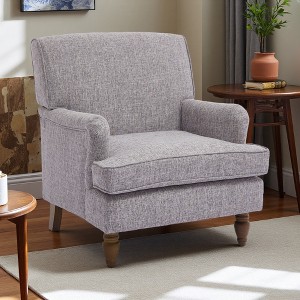 Vintage Linen Upholstered Armchair with Antique Solid Wood Legs - 1 of 4