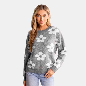 Women's Grey Floral Round Neck Long Sleeve Intarsia Knit Sweater - Cupshe - 1 of 4