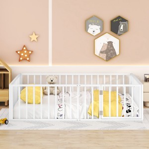CAVINAS Kids Montessori Bed with Door,Versatile Metal Floor Bed with Fence,Twin/Full/Queen Size Toddler Bed for Bedroom Playroom,Black/White/Pink - 1 of 4