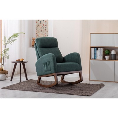 PAGED Premium Linen Accent Chair with Solid Wood Legs & Convenient Side Pocket, High-Back Rocking Armchair for Living Room, Natural Beige