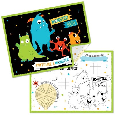 Big Dot of Happiness Monster Bash - Paper Little Monster Birthday Party Coloring Sheets - Activity Placemats - Set of 16