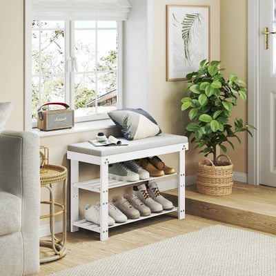 VYNXARIA White Bamboo Shoe Bench: 3 - Tier, Cushioned & Adjustable for Every Room