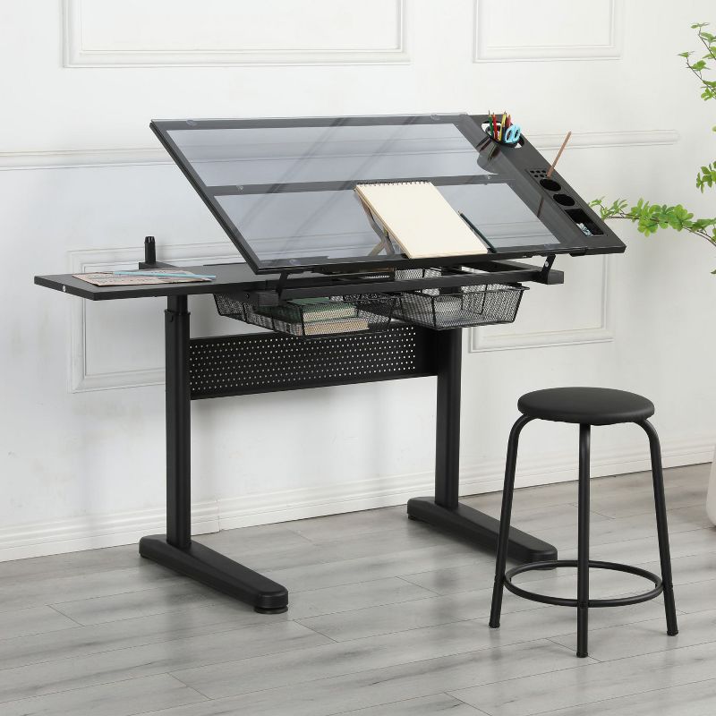 Adjustable Arafting Drawing Table with Stool and 3 Drawers, Drafting Study Table for Artist Painters Home Office, Table with Chair-The Pop Home, 2 of 12
