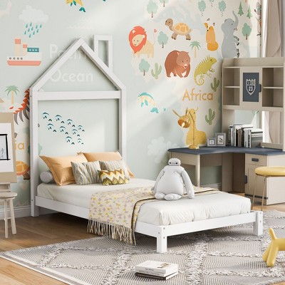 CAVINAS Twin/Full Size Bed Frame with House-Shaped Headboard,Platform Floor Bed for Kids Room,Bedroom