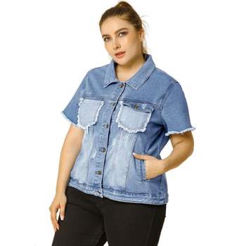 Agnes Orinda Women's Plus Size Spring Trend Denim Short Sleeve Distressed Jacket with Pockets Light Blue 1X
