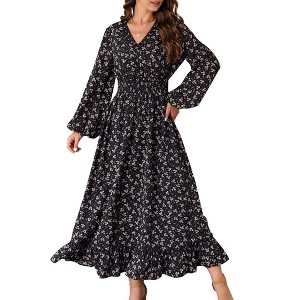 Fall Casual Dresses for Women Empire Waist V Neck Long Sleeve Maxi Ruffle Dress  Wedding Guest Dress - 1 of 4