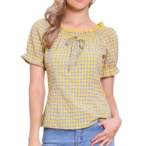 INSPIRE CHIC Women's Peasant Round Neck Ruffles Puff Sleeve Gingham Plaid Blouse - 1 of 4
