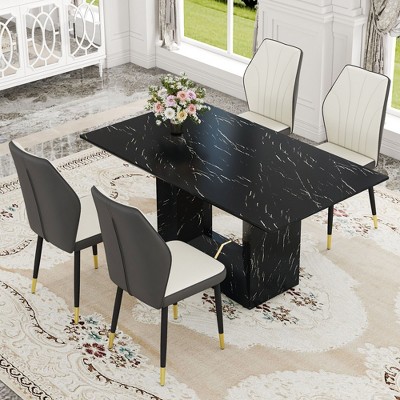 CAVINAS Dining Table Set for 4 Kitchen Table Black Marble Pattern MDF Dining Set with 4 White PU Chairs With a Widened Backrest Design