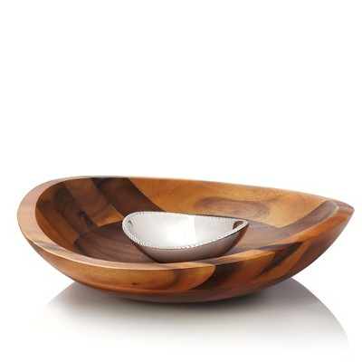 Nambe Braid Chip & Dip Server, 16-Inch - Modern Scandinavian Entertaining Bowl with Removable Alloy Dip Dish, Acacia Wood Serving Tray