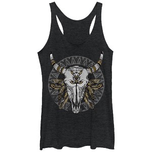 Women's Lost Gods Cow Skull With Feathers Racerback Tank Top - 1 of 3