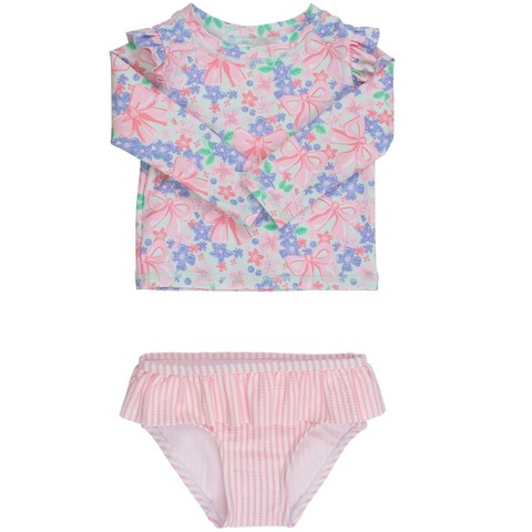 RuffleButts Girls UPF50+ Skirted Flutter Long Sleeve Rash Guard Bikini - Bow Blooms, 6