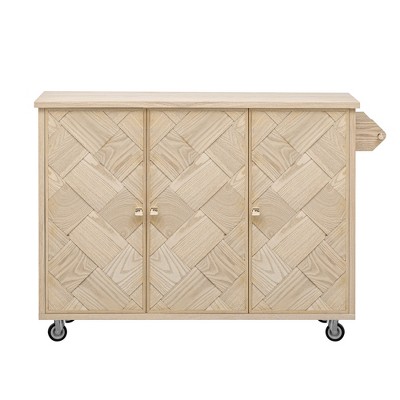 CLIHOME ASH Veneer Handwoven Rolling Kitchen Island with Drop Leaf, Coastal Kitchen Island with Internal Storage Rack