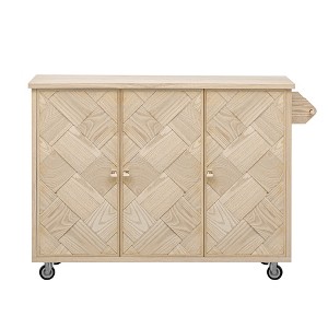 CLIHOME ASH Veneer Handwoven Rolling Kitchen Island with Drop Leaf, Coastal Kitchen Island with Internal Storage Rack - 1 of 4