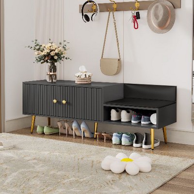 PAGED Modern Shoe Bench with Backrest, Storage Bench with 5 Metal Legs, 2-Door Ottoman with Storage, Upholstered Cushions Entryway Bench