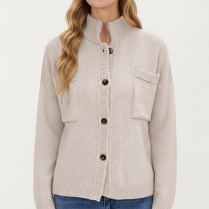 Anna-Kaci Women's Button Front Long Sleeve Knit Cardigan with Stand Collar and Front Pocket - 1 of 4