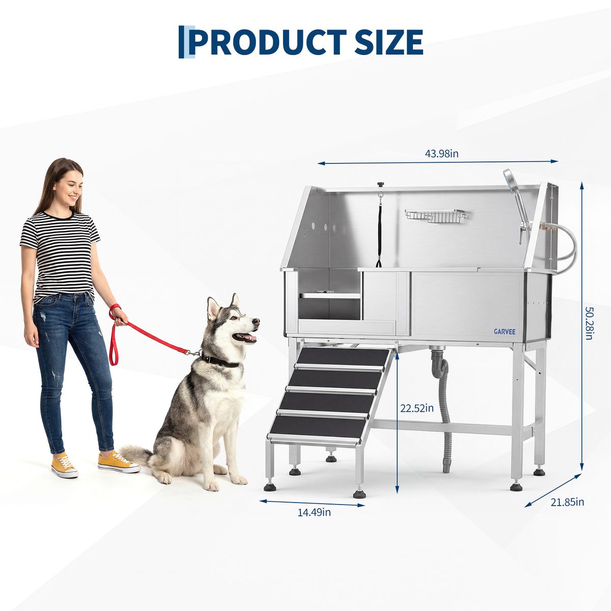 Stainless Steel Dog Washing Station with Access Stairs, Pet Grooming Bathtub Equipped with Grooming Arm, Door and Showerhead Kit - thumbnail 4
