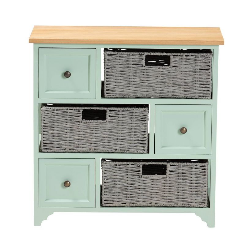 Valtina Two-Tone Wood 3 Drawer Storage Unit with Baskets Oak Brown/Gray/Mint Green - Baxton Studio, 1 of 12