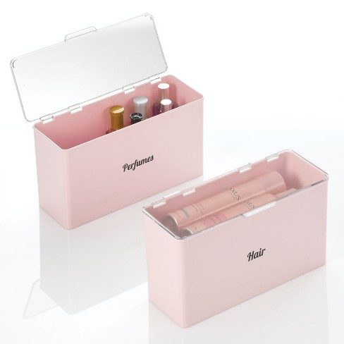 mDesign Stackable Plastic Bathroom Organizer Box, 4 Pack + 32 Labels - Pink